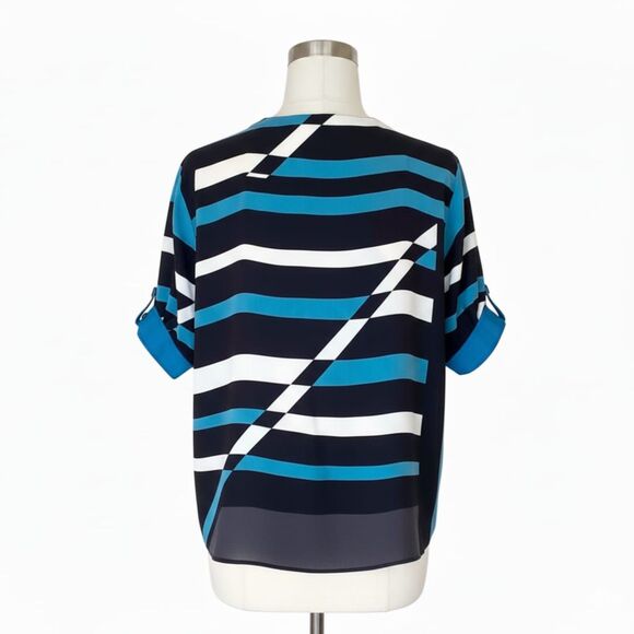 Derek Lam for Design Nation Abstract Geometric Teal & Black Striped Blouse Sz L - Picture 5 of 11